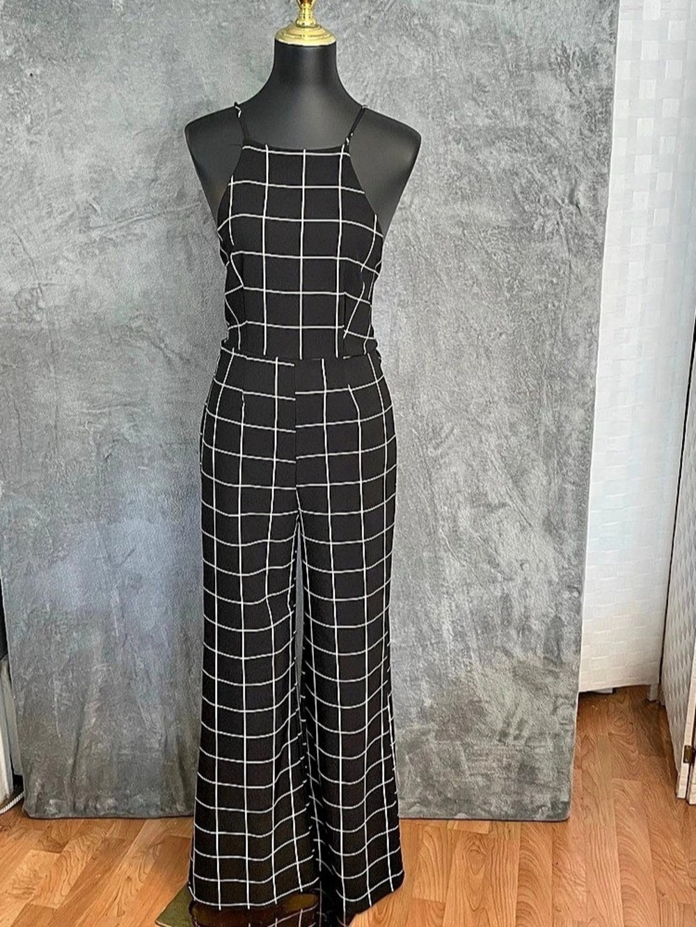 Akira Checkered Wide-Leg Jumpsuit in Black & White Size Medium